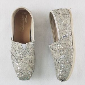 Toms Glitter Lace Silver Alpargatas Slip Ons Shoes Women's Size 7.5